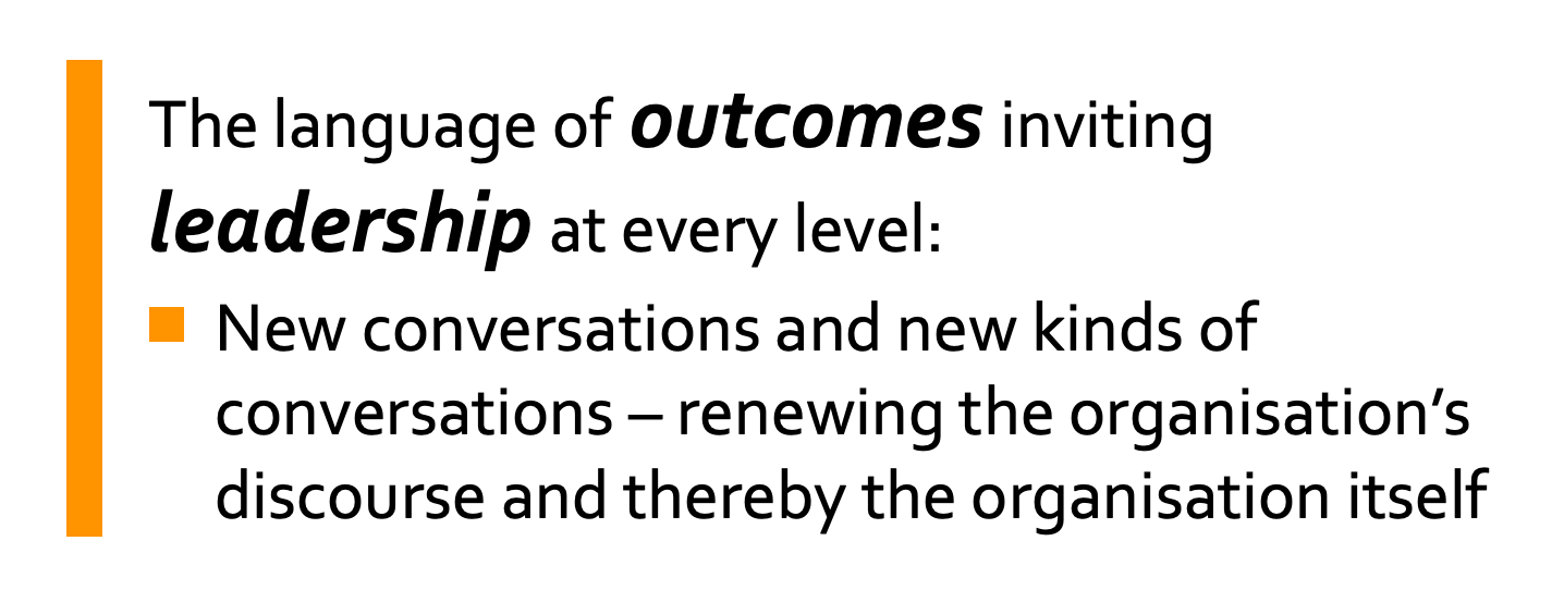 The language of outcomes inviting leadership at every level: New conversations and new kinds of conversations – renewing the organisation’s discourse and thereby the organisation itself